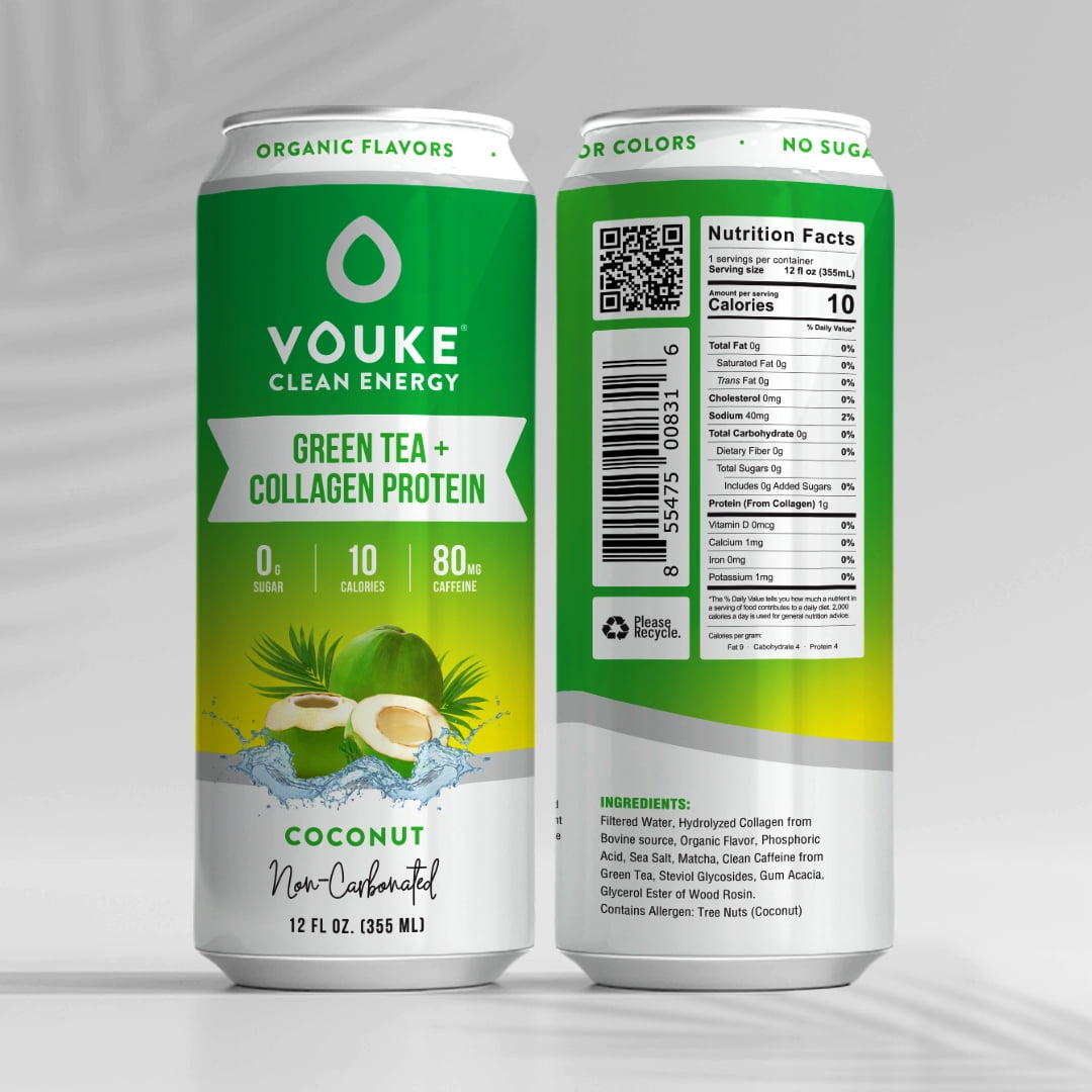 Vouke Coconut Green Tea + Collagen Clean Energy Drink - Non-Carbonated - 80mg Caffeine from Green Tea and matcha, Zero Sugar, 10 Calories (12FL OZ - 12 Pack)