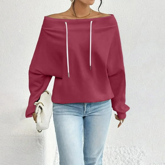 Xdegoge Off The Shoulder Sweatshirt for Women Trendy Oversized Cute Pullover Sweatshirts No Hood Drawstring Fall Travel Dressy Casual Tops