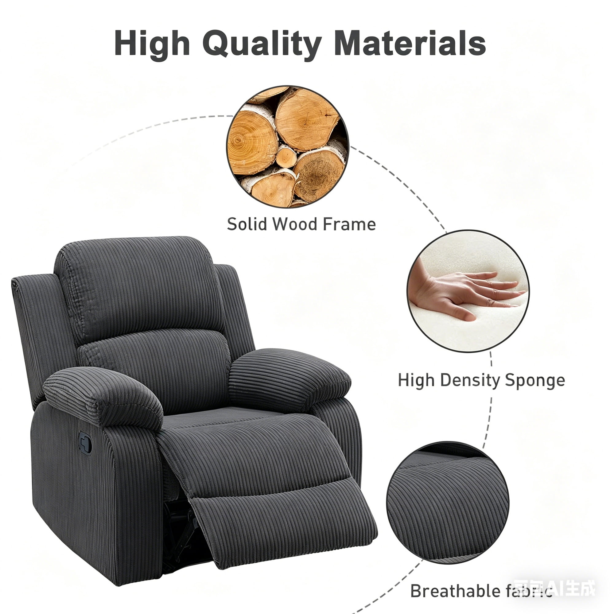 Aukfa Manual Recliner Chair Single Sofa Armchair for Living Room, Bedroom, Corduroy, Dark Gray