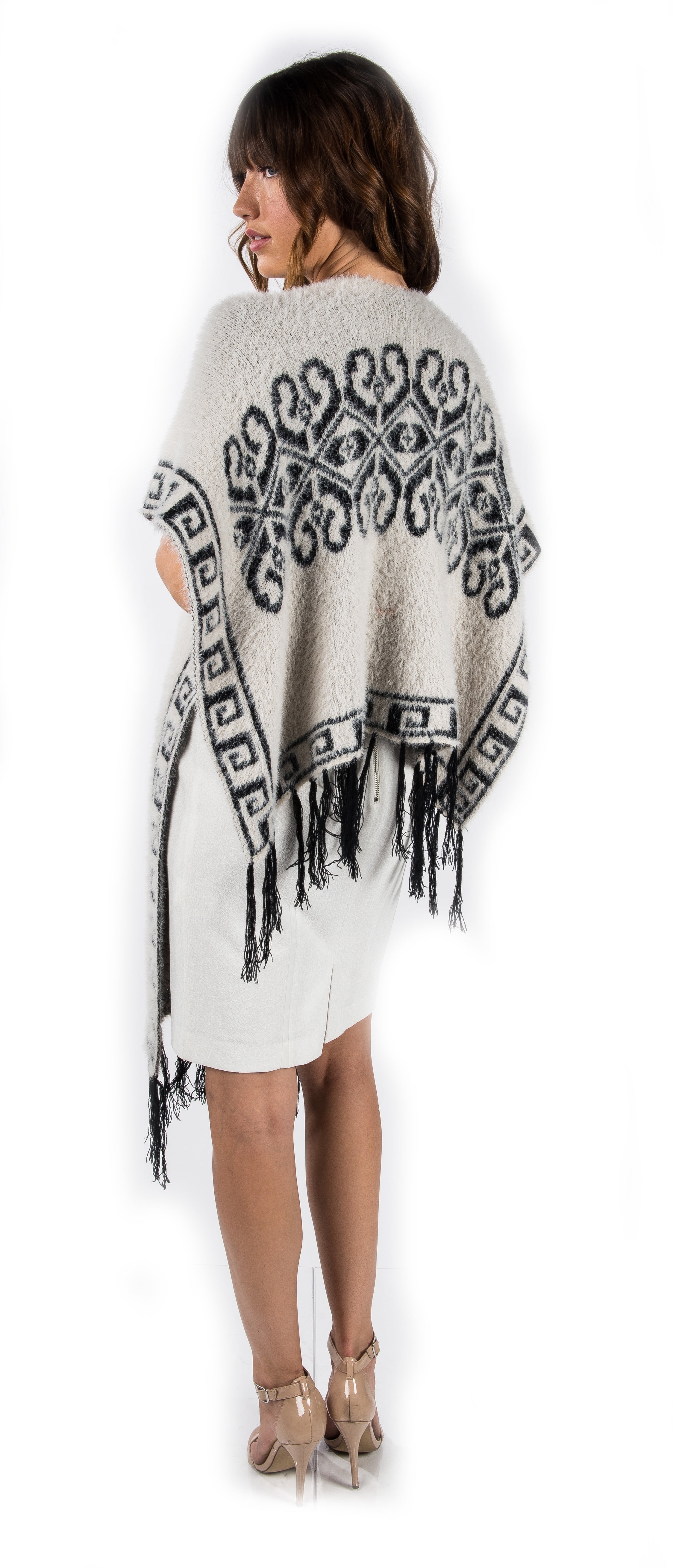 Women's Winter Knit Mayan Pattern Fringe Knit Poncho