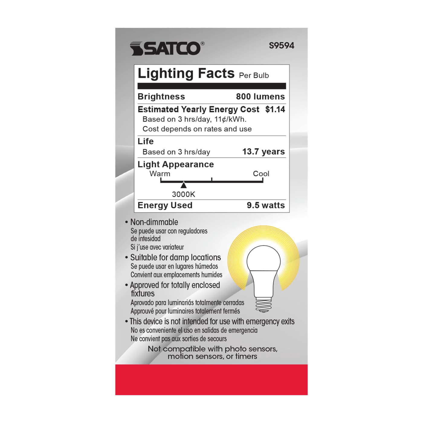 SATCO S9594 - 9.5 Watt A19 LED Frosted Light Bulbs - 3000K (6 Pack)