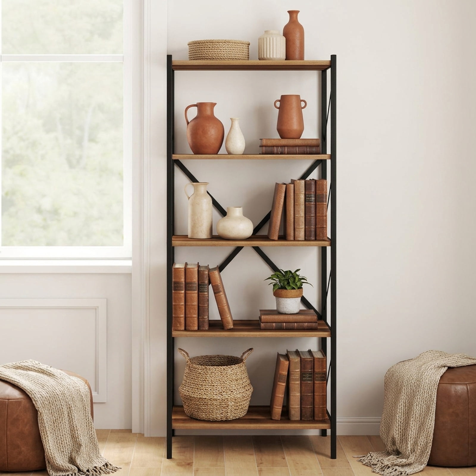 Furnibear 5-Tier Tall Bookshelf Industrial Bookcase with Heavy-Duty Metal Frame Modern Storage for Living Room Home Office Bedroom Display, Walnut