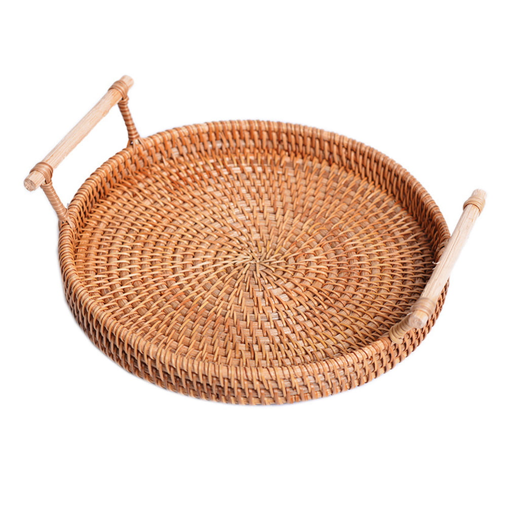 Details about   Round Rattan Storage Tray Basket with Handle Hand-Woven Bread Fruit Food Display 