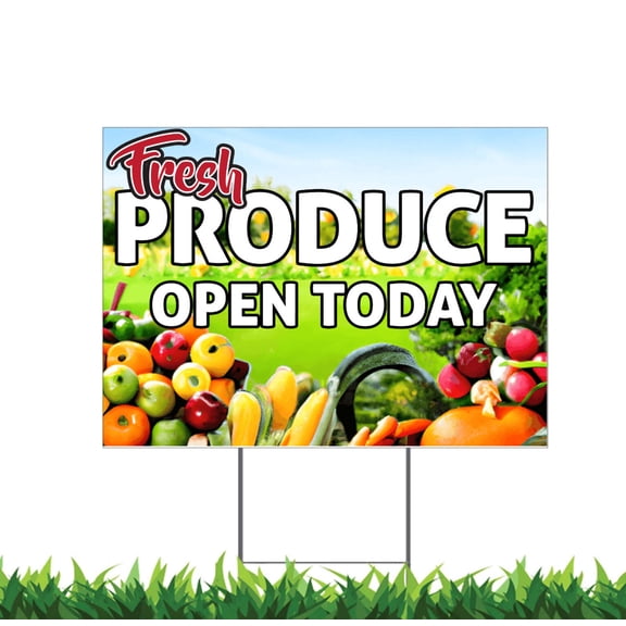 Fresh Produce Open Today Yard Sign, 18x12, 24x18, 36x24, Double Sided, H-Stake Included, v2