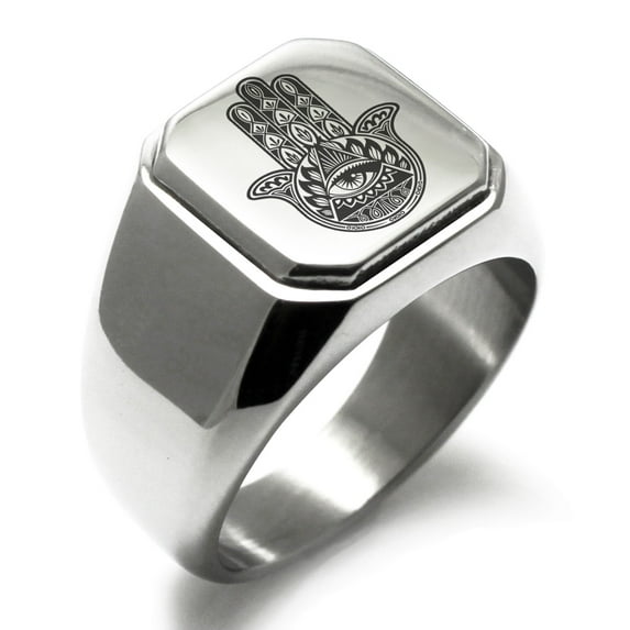 Stainless Steel All Seeing Eye Hamsa Hand of Fatima Engraved Square Flat Top Biker Style Polished Signet Ring