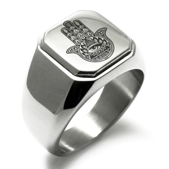 Stainless Steel All Seeing Eye Hamsa Hand of Fatima Engraved Square Flat Top Biker Style Polished Signet Ring