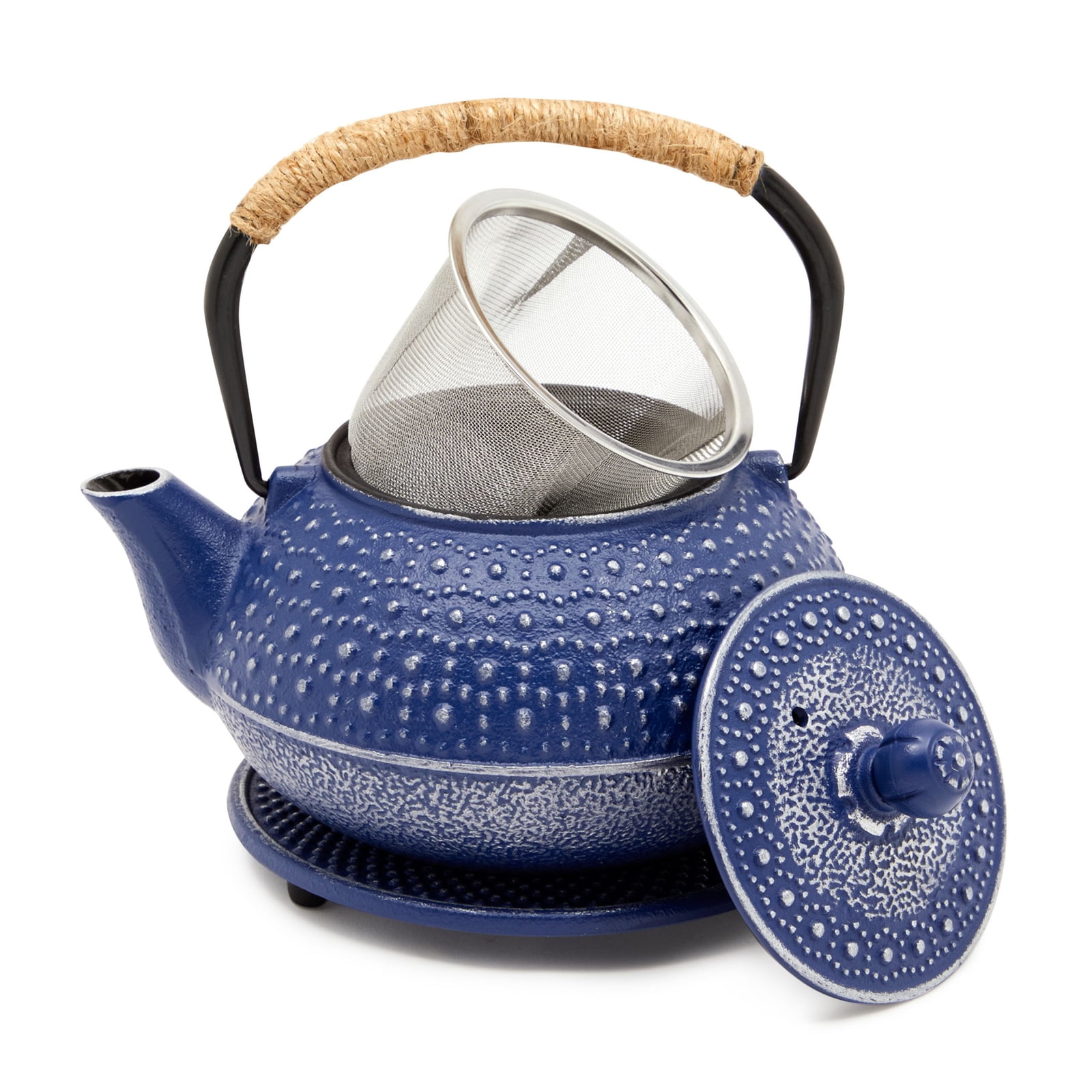 Japanese Tetsubin Teapot Coated with Enameled Interior Cast Iron Tea Kettle Stovetop Safe Blue Cherry Blossom Pattern, 1000ml/34oz Durable Cast Iron Teapot with Stainless Steel Infuser 