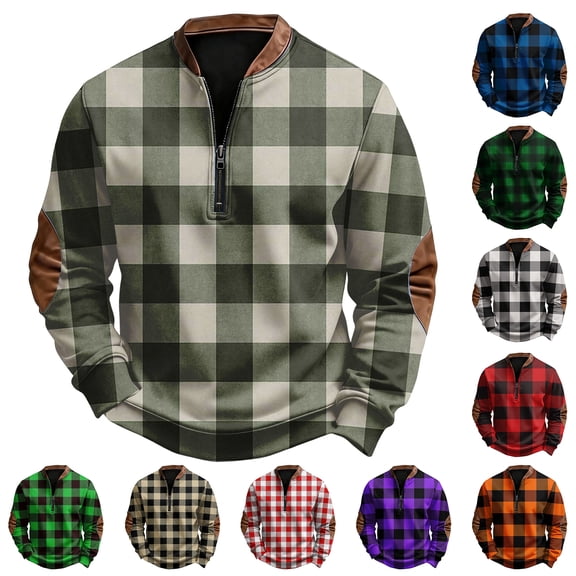 Men's Casual Plaid Print Quarter-Zip Pullover Sweatshirt, Retro American Style Checkered Crewneck Hoodie, Long Sleeve Spring Fall Casual Wear,Hot Pink,3XL