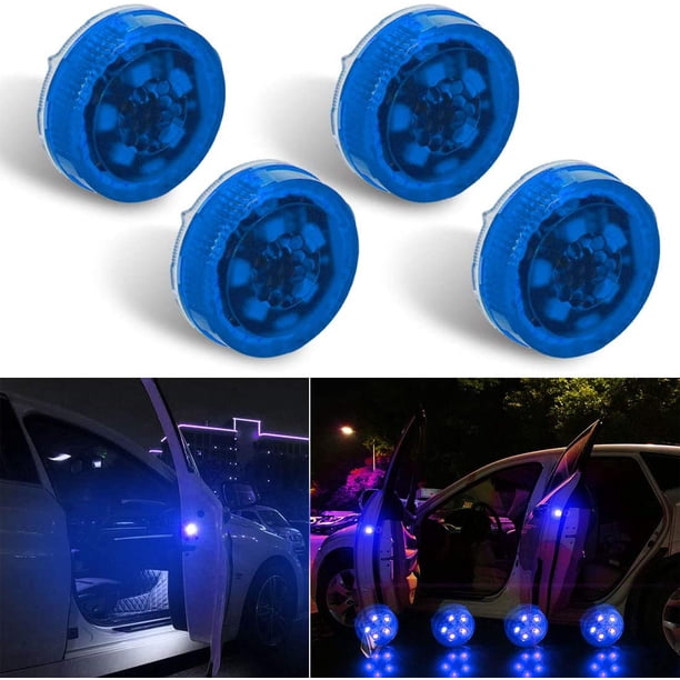 Luz de advertencia LED inalámbrica universal para puerta de coche (4 unidades), luz de seguridad, luces estroboscópicas para anticolisión trasera (azul)