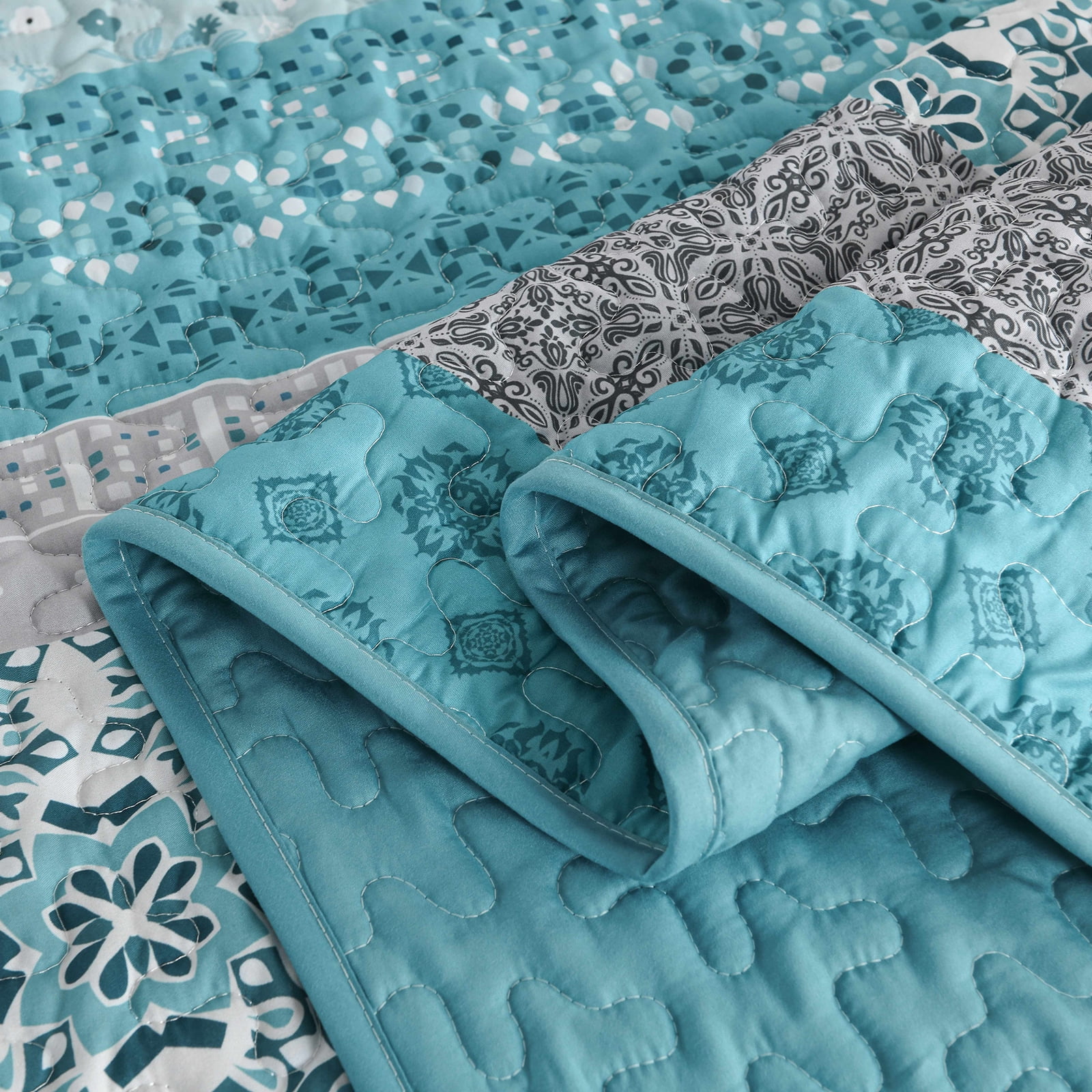 Dintszyayue Boho Quilt Set Queen,3Pcs Floral Teal Bohemian Bedding Sets Striped Patchwork Bedspread Set Adult(90"×96")