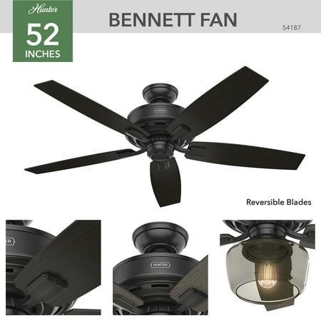 Hunter - Bennett Indoor Ceiling Fan With Light, Remote, 52-inch, Matte Black, Rustic-style, 3-speed WhisperWind Motor, 54187, for living rooms, bedrooms, home offices, kitchens