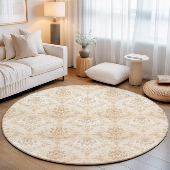 Round Area Rugs 3.3Ft, Beige Boho Floral Non-Slip Washable Circle Rugs Carpet, Vintage Ethnic Tribe Abstract Art Indoor Outdoor Rug Floor Mats Throw Runner for Bedroom Living Room Bathroom