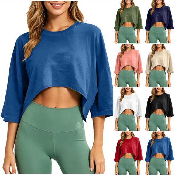 DYTTDG Women's Loose Fit Cropped Top | Round Neck 3/4 Sleeve Casual Workout T-Shirt Pullover, Sporty Everyday Top