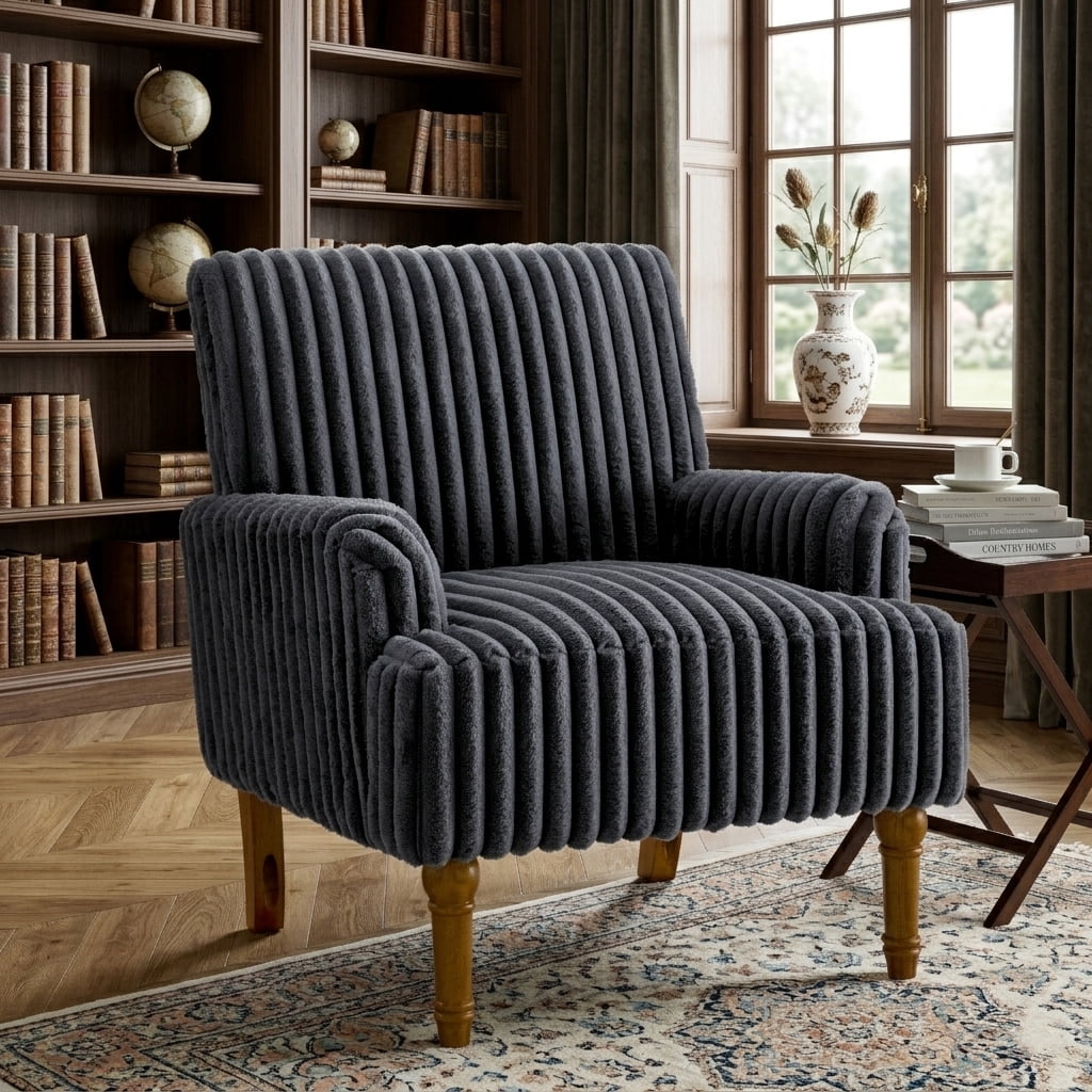 Aukfa Mid Century Corduroy Accent Chair, Wide Wale Upholstered Armchair with 9" Wood Legs for Living Room Bedroom,Gray
