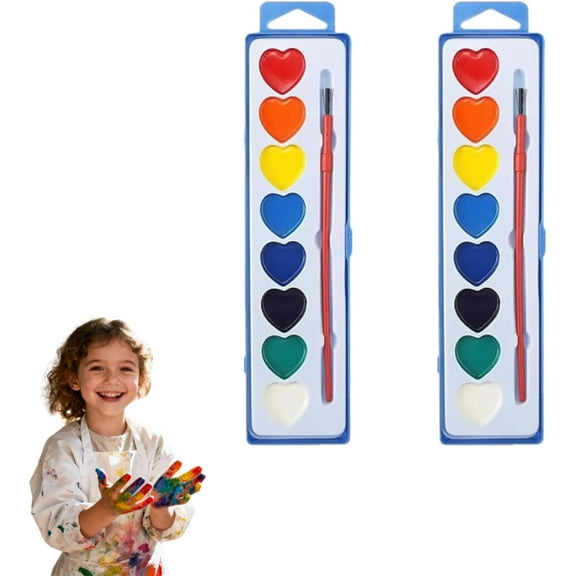 Valentine’s Day Mini Watercolor Paint Sets, Valentine Watercolor Set, Washable Mini Heart Water Color Paint for Valentine’s Day with Brushers (8colors 2pcs)