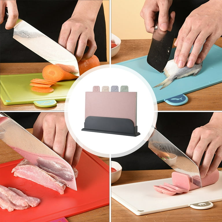 Plastic Cutting Board, Set of 4 with Storage Stand, Color Box Packed,  BPA-Free, Preventing Cross-contamination of Different Food Types,  Dishwasher
