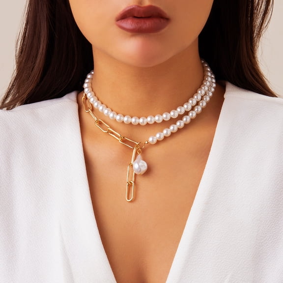 NICKSUN Dainty Layered Baroque Pearl OT Clasp Necklace for Women,Vintage Paperclip Pearl Chain Choker Necklace Adjustable Beaded Ball Chain Fashion Retro Charm Jewelry