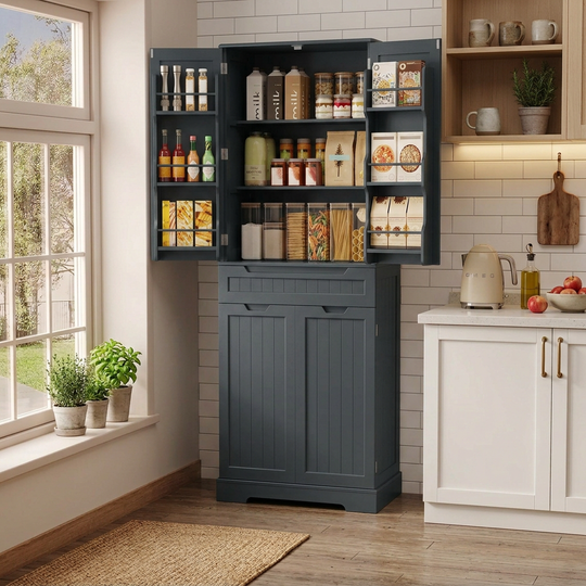 Pantry Cabinet, Kitchen Storage Cabinet with 1 Drawer and 4 Doors for Kitchen, Dining Room - Black