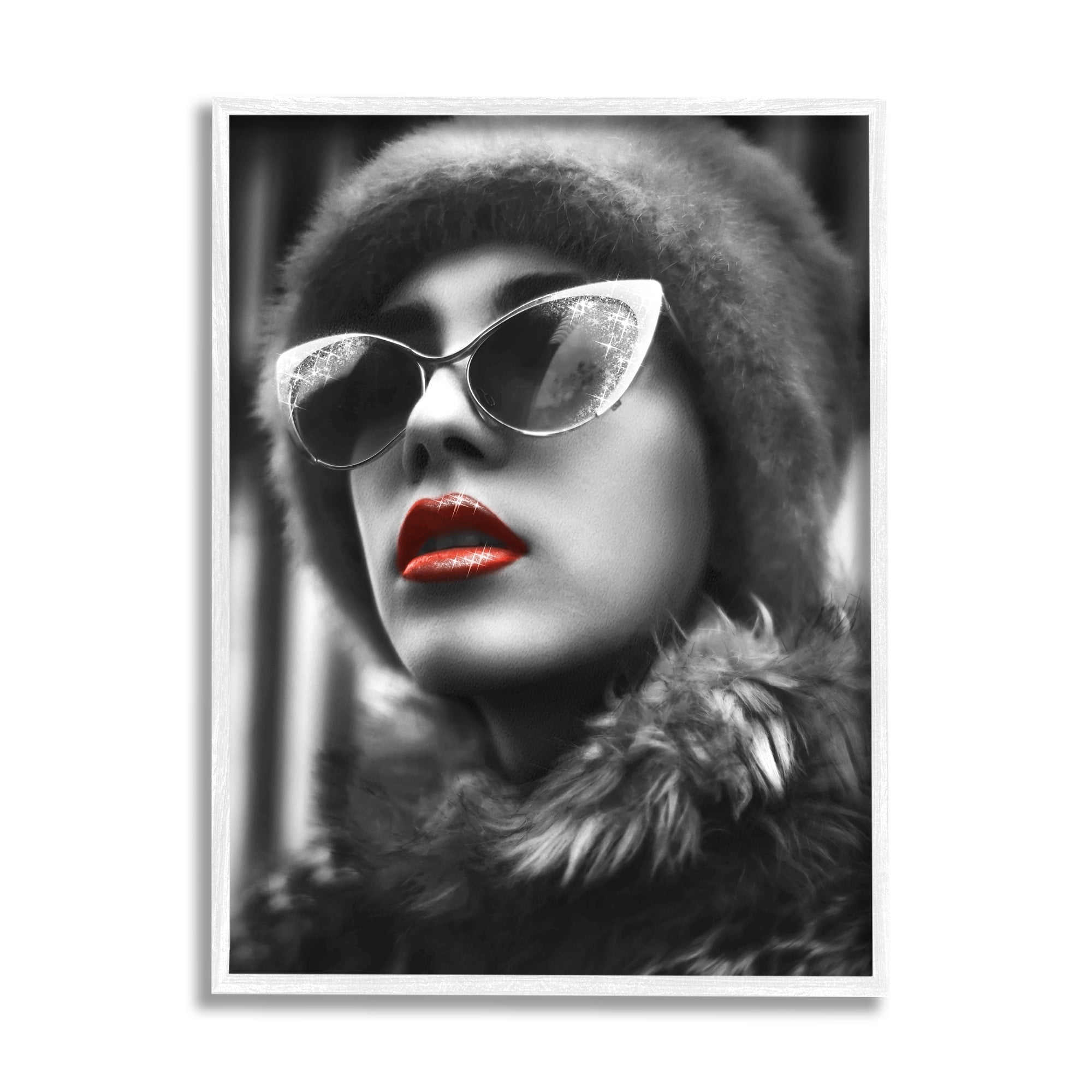 Stupell Industries Fashion Woman Red Lips Glam Sunglasses Fur Coat, 24 x 30, Design by Ziwei Li