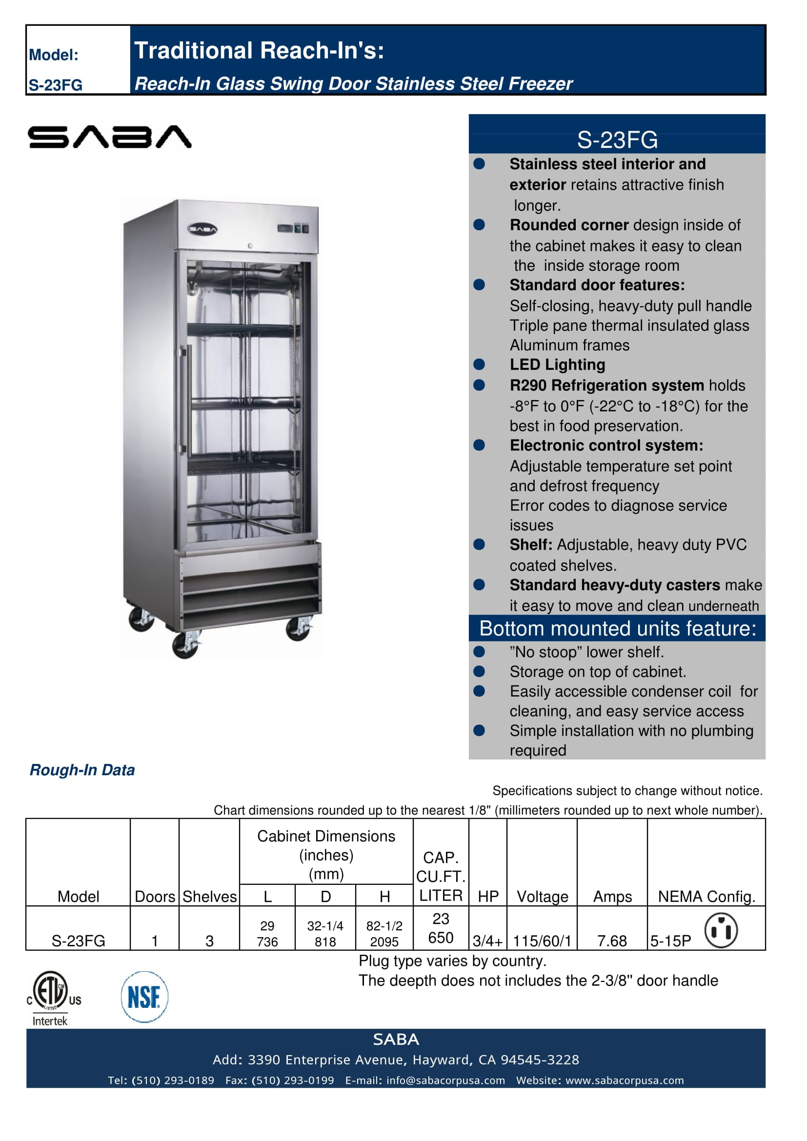 Heavy Duty Commercial 23 cu ft Stainless Steel Glass Door Reach-In Freezer (1 Door)