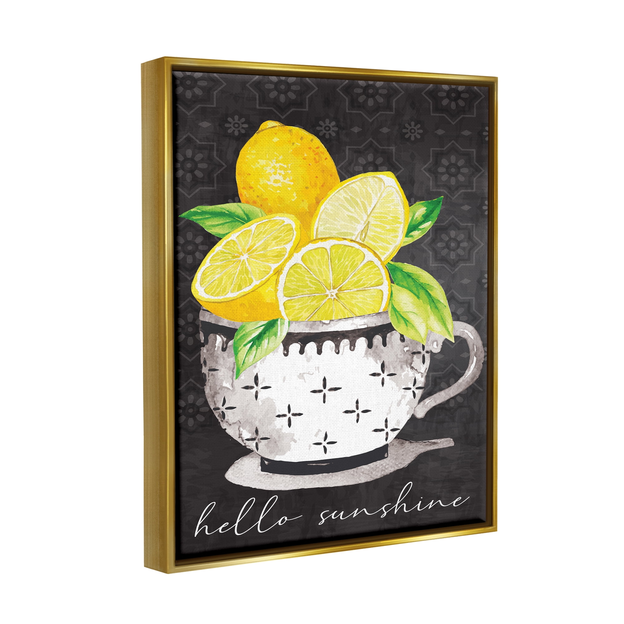 Stupell Hello Sunshine Lemons in Teacup Patterned Food & Beverage Painting Gold Floater Framed Art Print Wall Art