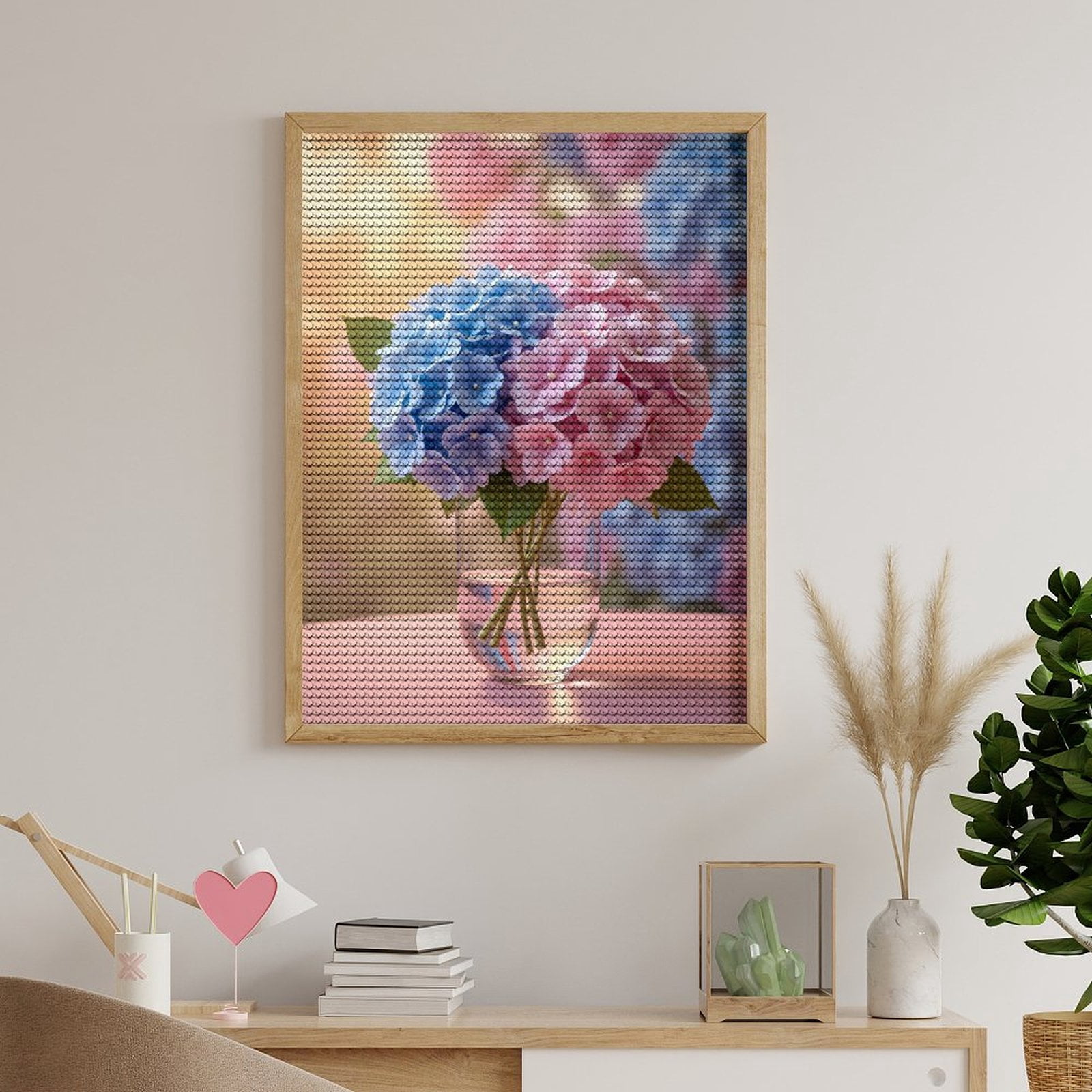 Diamond Art Kit for Adults, Pink Blue Hydrangea Bouquet Vase Diamond Painting for Adults Beginners, 5D DIY Diamond Art Painting Kits, Colorful Diamond Painting Craft for Home Decor 12x16