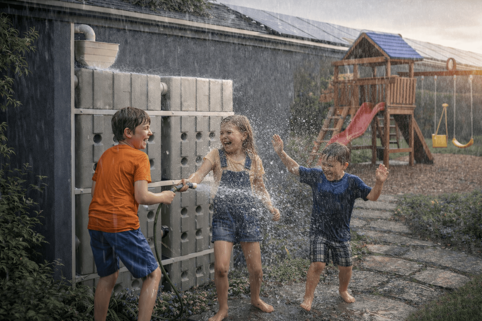 Oziflow Super-Slim Rain Harvesting Tanks 60 gal Beige Expandable Modular Storage Plastic Rain Barrels, UV Resistant, Lifetime Warranty,  Made in USA