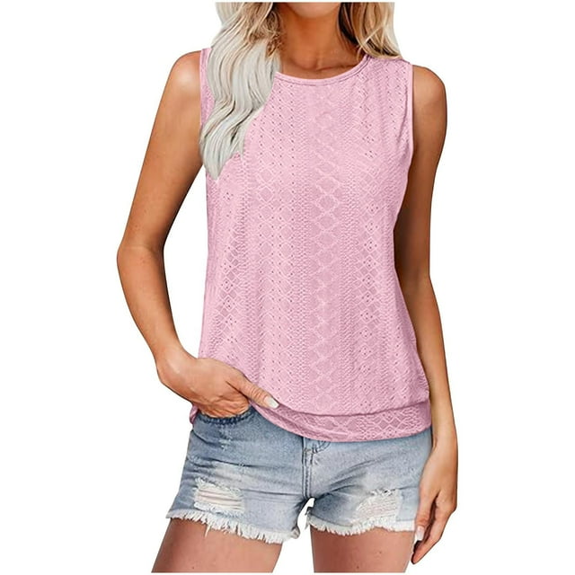Hyknon Débardeurs pour Femmes Mode Été Léger Couleur Unie Blouses en Maille Décontractées Amples Douces Couleur Unie Col Rond Sans Manches Polyvalentes