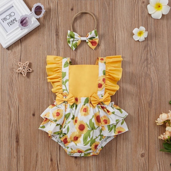 QISIWOLE Toddler Baby Girls Fashion Cute Flowers Print Ruffles Short Sleeve Romper Bow Bodysuit Jumpsuit Suit rollbacks !
