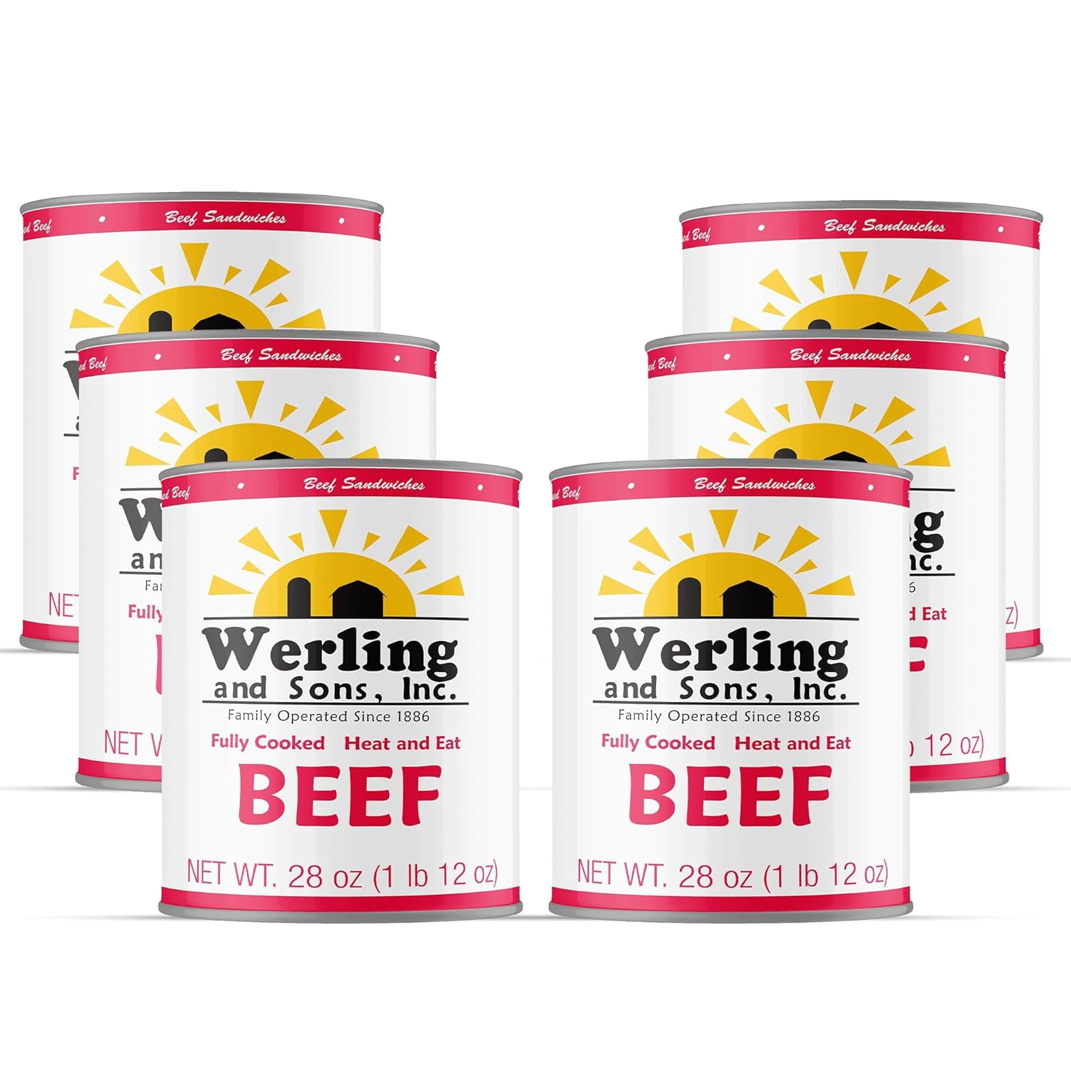 Werling & Sons Canned Beef 28 oz – Fully Cooked, Heat & Eat | Shelf-Stable Canned Meat for Pantry, Camping, Hiking, Emergency Food Supply & Everyday Meals | Made in USA | 5-Year Shelf Life | 12 Pack