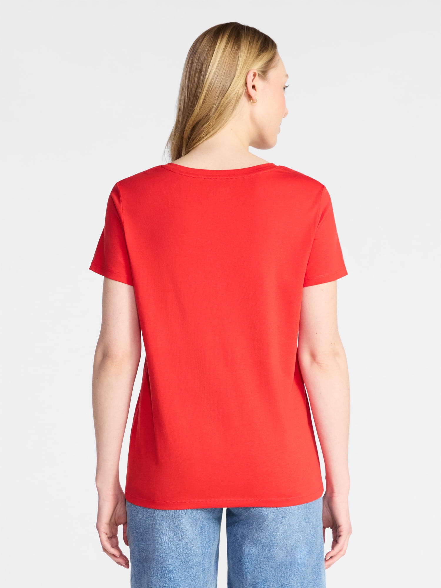 Time and Tru Women's Cotton V-Neck Tee with Short Sleeves, Sizes XS-4X