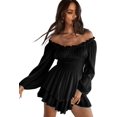 thumbnail image 3 of Vestido con vuelo y hombros descubiertos, mameluco con cuello cuadrado y manga abullonada con pantalones cortos, 3 of 5