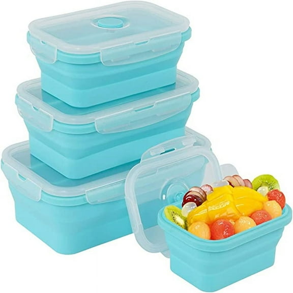 MODANU 3 Pack Silicone Collapsible Food Storage Containers Prep/Storage Bowls with Lids Square Lunch Containers, Microwave Dishwasher and Freezer Safe (Blue)