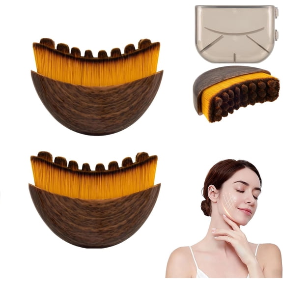 Facial contour lymphatic massage brush, lifts and firms, eliminates puffiness and double chin, promotes blood circulation, soft bristles, ergonomic wooden handle, portable design.