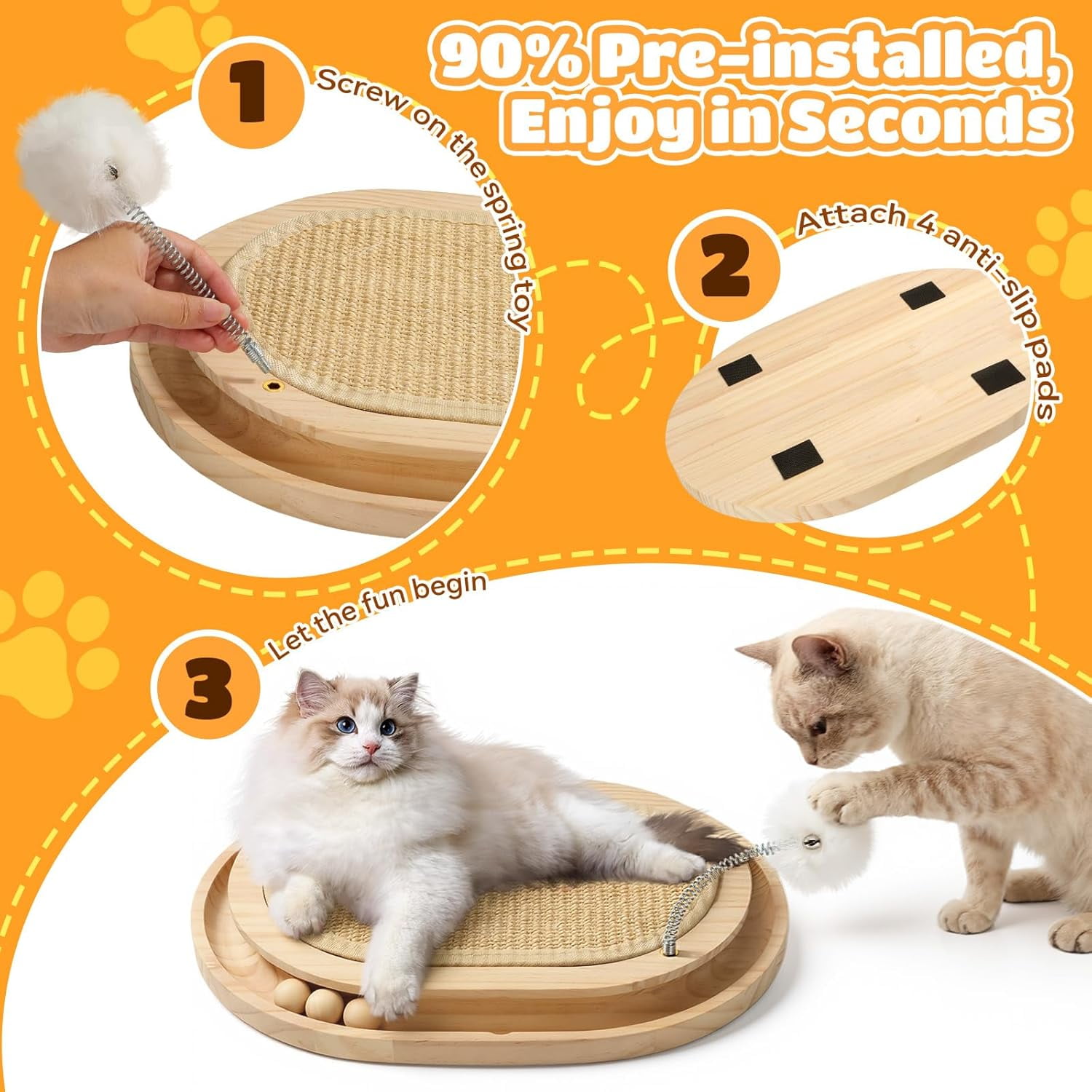 Cat Scratcher, Natural Sisal Scratching Pad, Kitten Interactive Toy with Ball Track & 3 Spring Plush Toys for Chasing Hunting Exercise, Round Wooden Cat Scratchers for Indoor