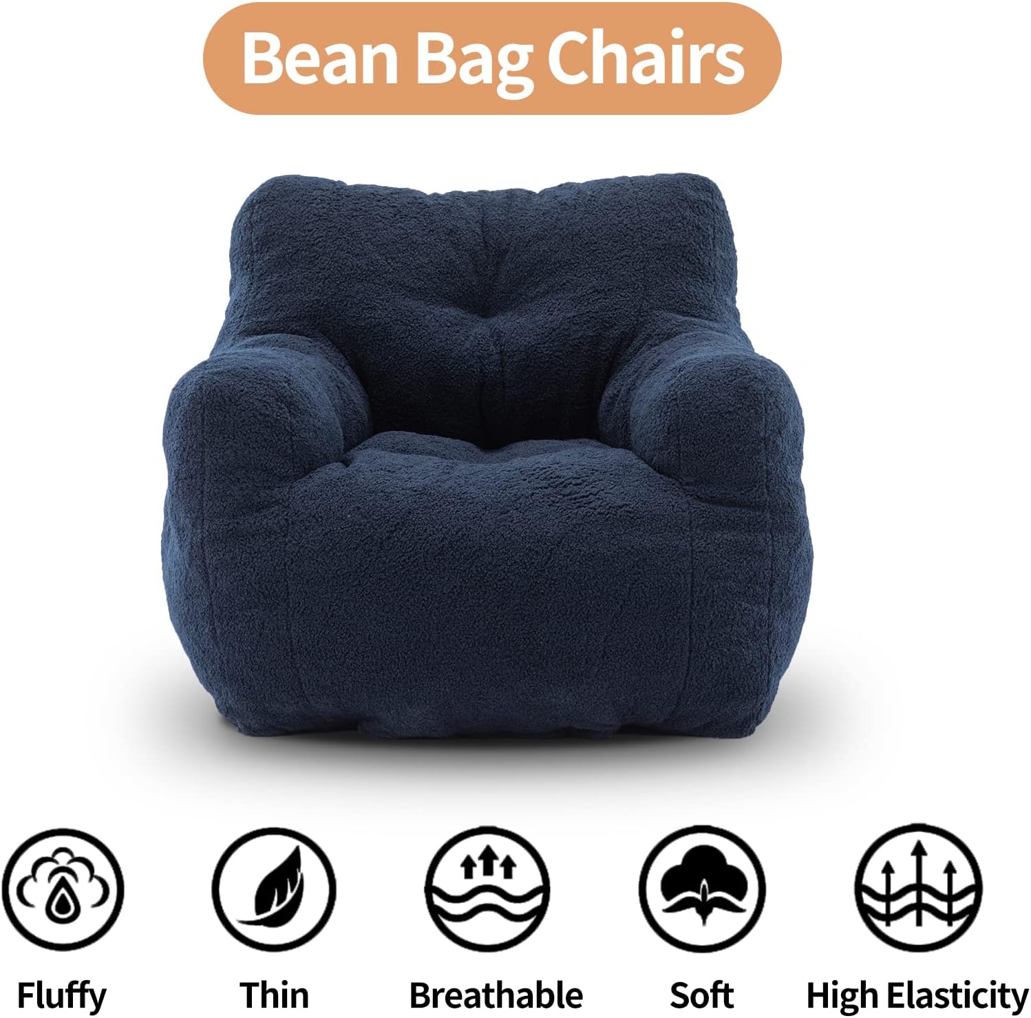 DreamBuck Bean Bag Chairs, Soft Tufted Foam Bean Bag Chair with Teddy Fabric for Adults and Kids, Comfy Lazy Sofa for Living Room, Bedroom, Big Bean Bag Chair for Gaming, Reading, Dark Blue