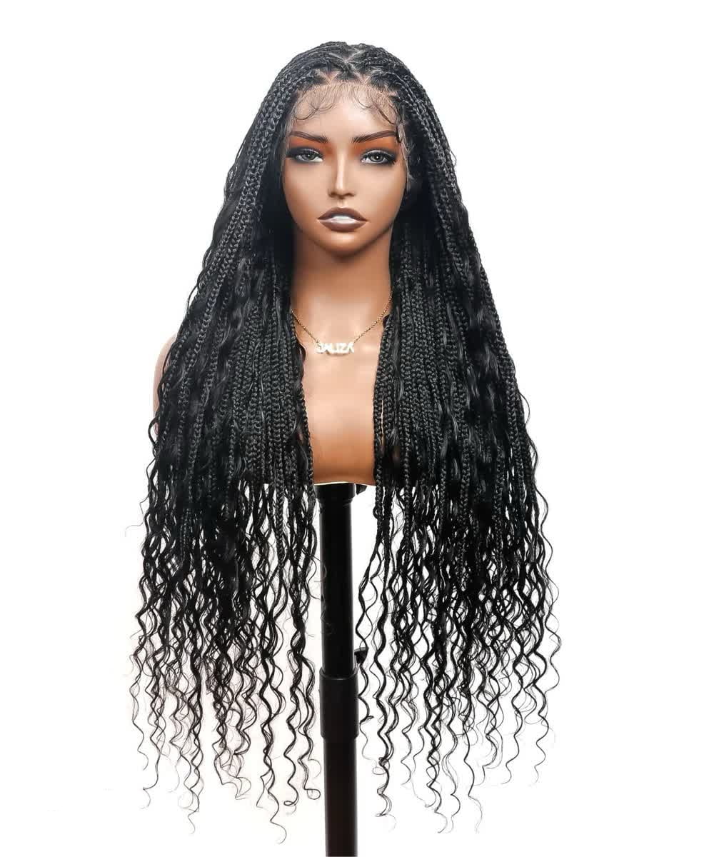 JALIZA Triangle Base Human Hair Boho Curls 36" HD Full Lace Knotless Boho Box Braided Wig Full Density 99 Strands