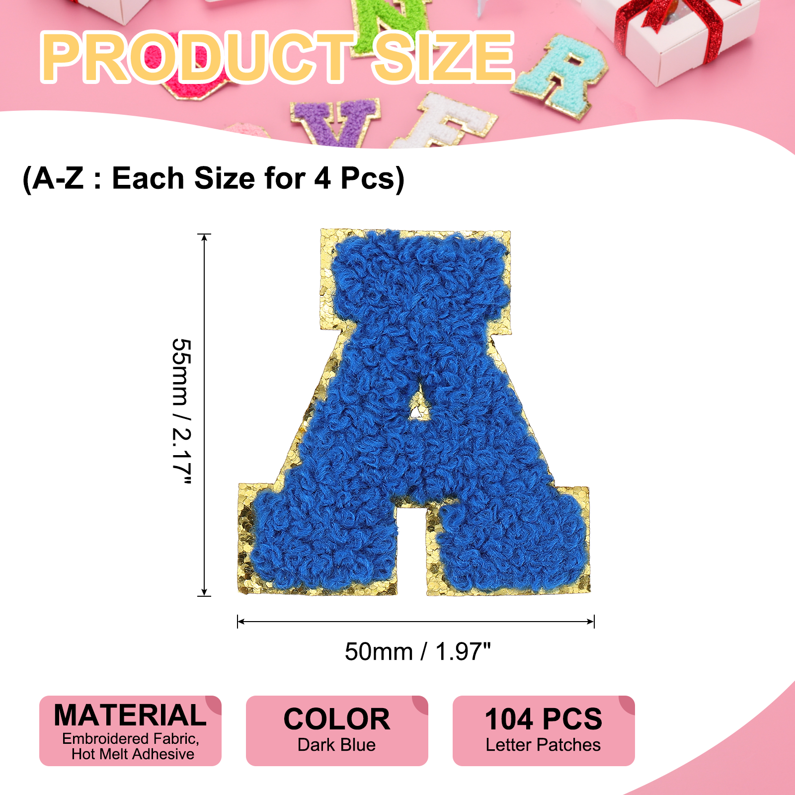 Uxcell Letters Patches, 104 Pcs Initial Letter A-Z Iron on Patch Embroidered Fabric Alphabet Stickers for Clothes Hats Makeup Bags DIY, Dark Blue