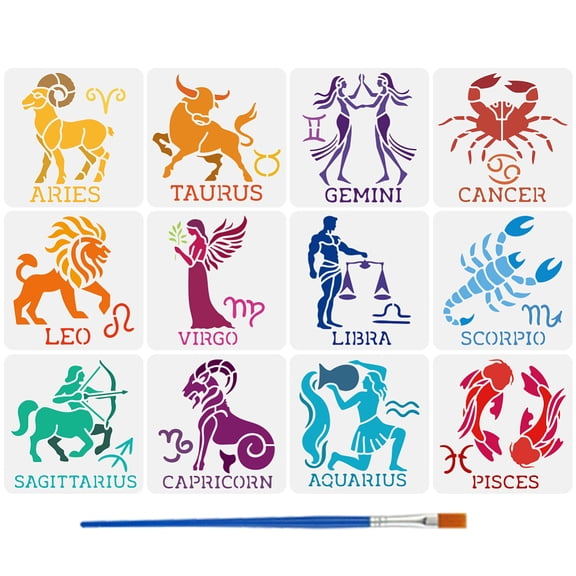 12 PCS Twelve Zodiac Figures Stencil with Brush 5.9x5.9inch Zodiac Constellation Symbols Stencil Decoration Fantasy Theme Template