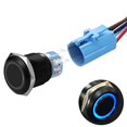 thumbnail image 2 of 19mm Latching Push Button Switches SPDT ON/Off Waterproof Black Metal 12V Ring LED with Wire Plug (Blue), 2 of 4
