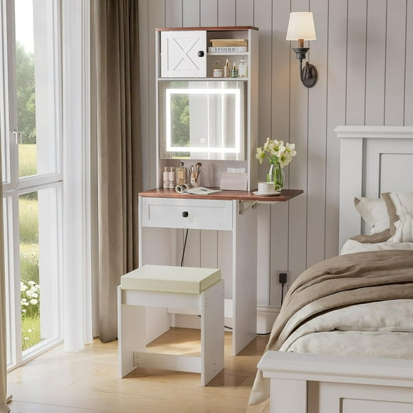 Semiocthome Farmhouse Vanity Desk with Mirror and Lights, Chair, Makeup Vanity Table for Bedroom, White