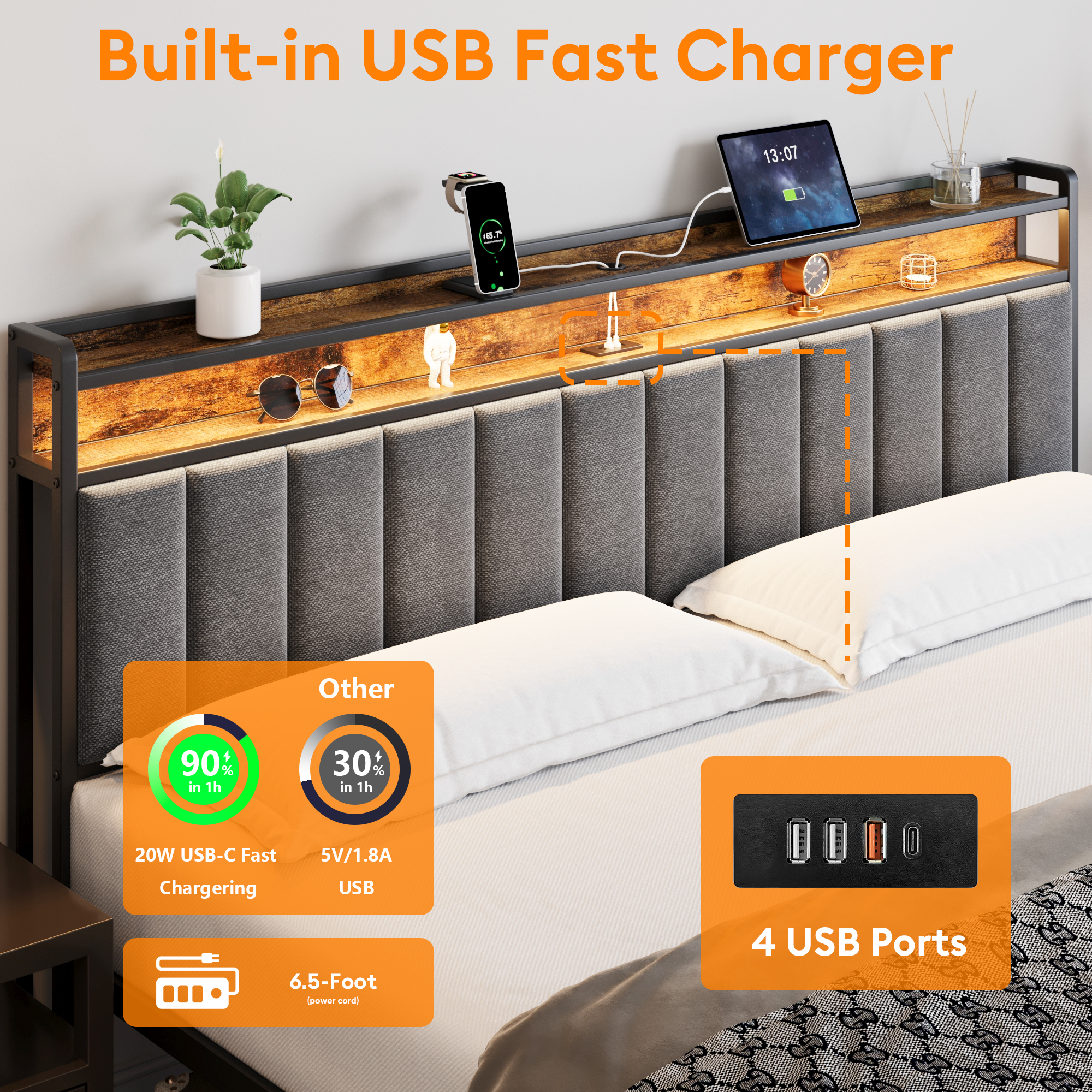 King Bed Frame with Storage, Upholstered Bed Frame with LED Lights Headboard and 2 Drawers, King Size Bed with Charging Station, Noise-Free, No Box Spring Needed, Easy Assembly, Grey