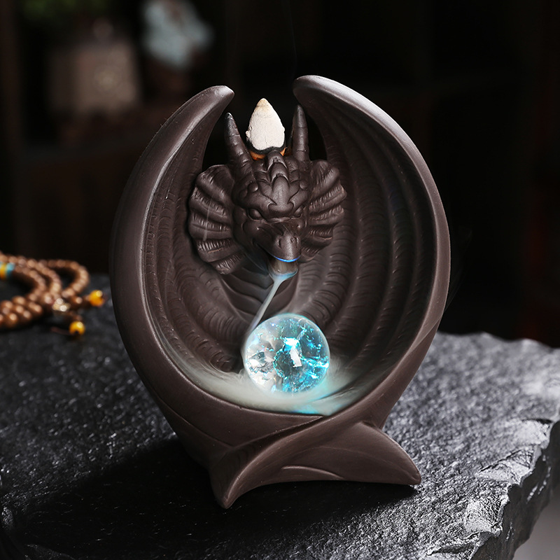 Creative Purple Sand Bat Pterosaur Backflow Incense Burner with LED Light Aromatherapy Furnace Holder Home Craft Ornaments