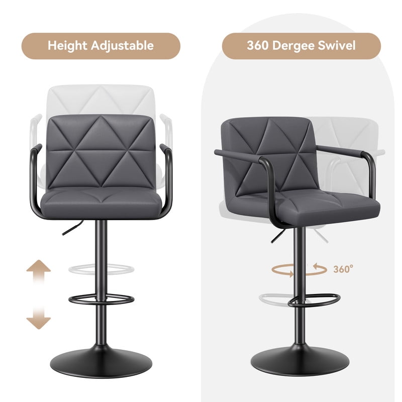 Hawsaiy Modern Bar Stools Set of 2, PU Leather Adjustable Swivel Bar Chairs with Armrests and Back, Hydraulic Counter Height Stools with Footrest for Kitchen Island, Dining Room, Bar, Dark Gray