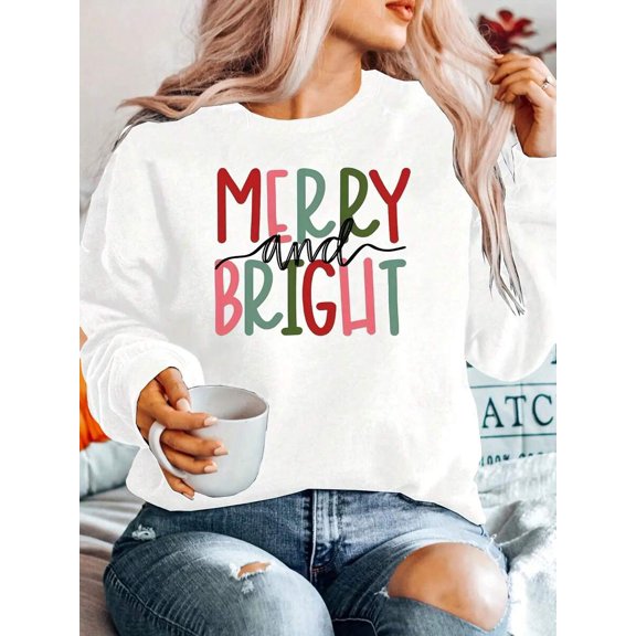 Plus Size Women's Loose Christmas Sweater Vest - White Long Sleeve Round Neck With Red And Green 'Merry & Bright' Print, Plus Size Casual Winter Coat, Comfortable Pullover For Holiday Parties And Chr