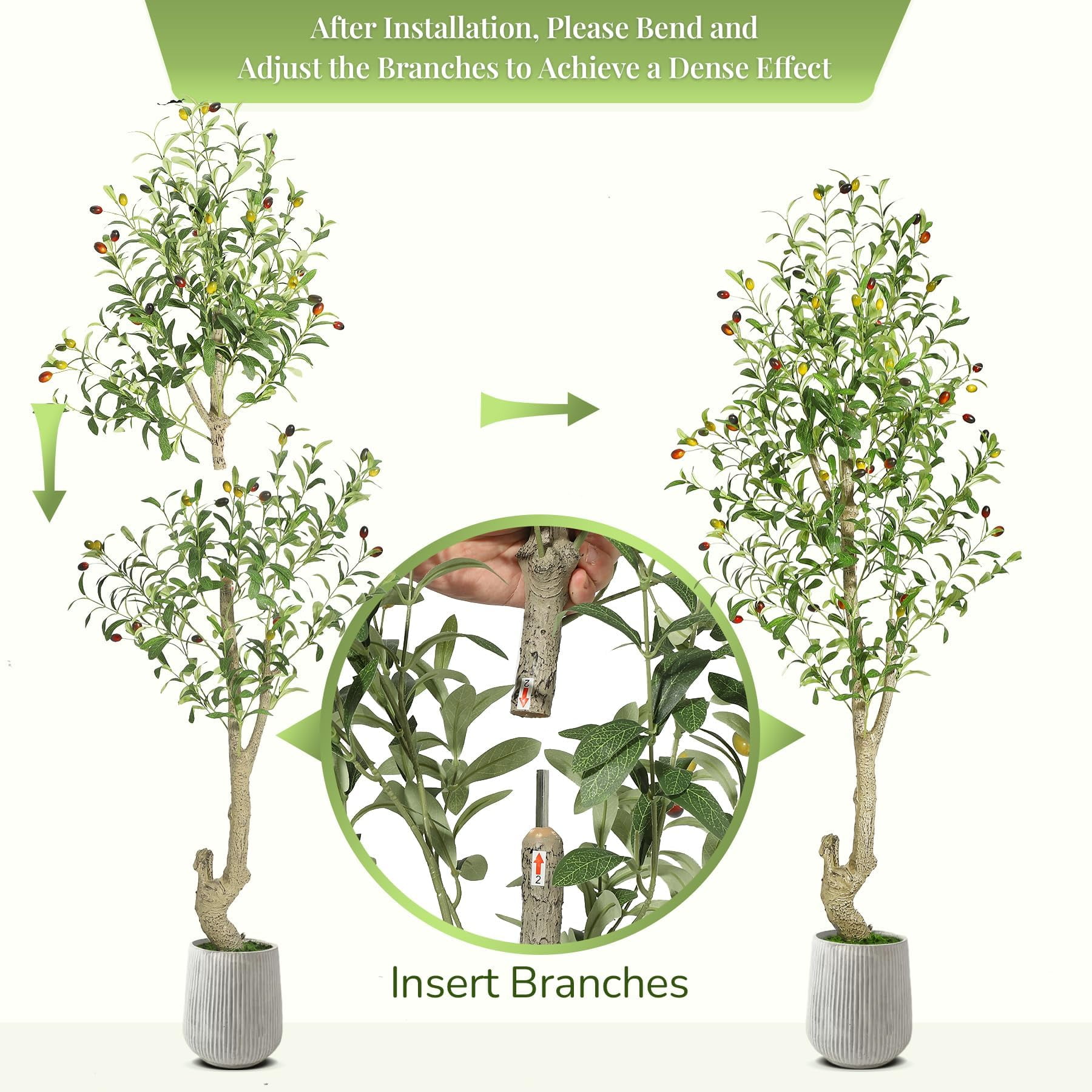 BouPower Artificial Olive Tree, Tall Faux Olive Tree with Natural Wood Trunk, Lifelike Fruits, White Planter and Green Fake Moss, UV Resistant Potted Plant for Home Office Living Room Foyer Decor
