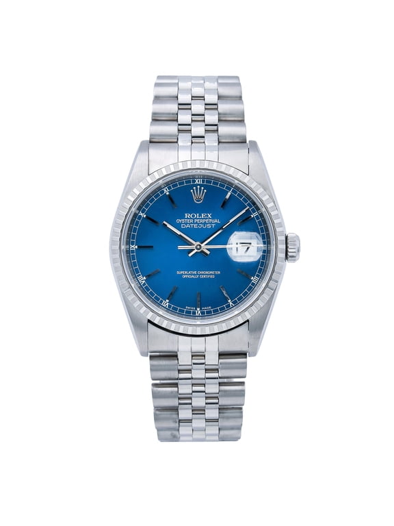 Pre-Owned Rolex Datejust 36MM 16220 Blue Dial Engine Turned Bezel Stainless Steel Jubilee Bracelet