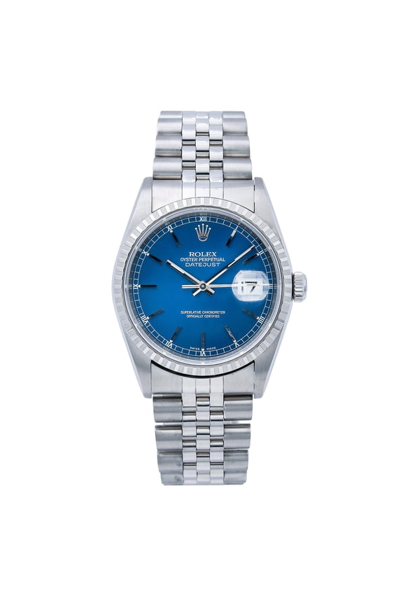Pre-Owned Rolex Datejust 36MM 16220 Blue Dial Engine Turned Bezel Stainless Steel Jubilee Bracelet