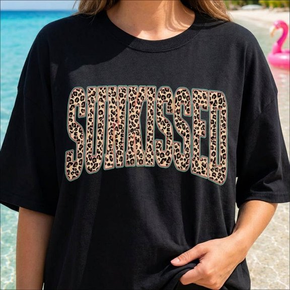 Sunkissed Leopard Shirt | Summer Beach Vacation T-Shirt | Retro Cheetah Print Varsity Tee | Cute Women's Graphic Top