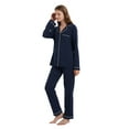 thumbnail image 3 of Pijamas de Algodón 100% para Mujer, Conjunto de Pijama de Manga Larga con Botones, Ropa de Dormir Suave, Conjunto de Descanso de Punto con Bolsillos, Azul Marino, M, 3 of 7